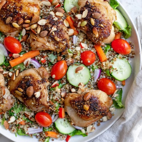 Vibrant Crunchy Quinoa Chicken Salad with golden chicken, colorful veggies, and a zesty lemon dressing.