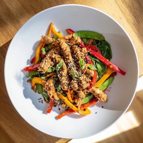 A colorful High-Protein Chicken Stir-Fry Salad Bowl filled with fresh vegetables and sesame dressing.