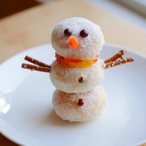 Fluffy mini donut snowman stacks, ready to eat, with pretzel arms and candy faces.