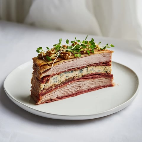 Stunning layered Grand Canyon Rim terrine with blue cheese river, ready to slice and serve for dinner.
