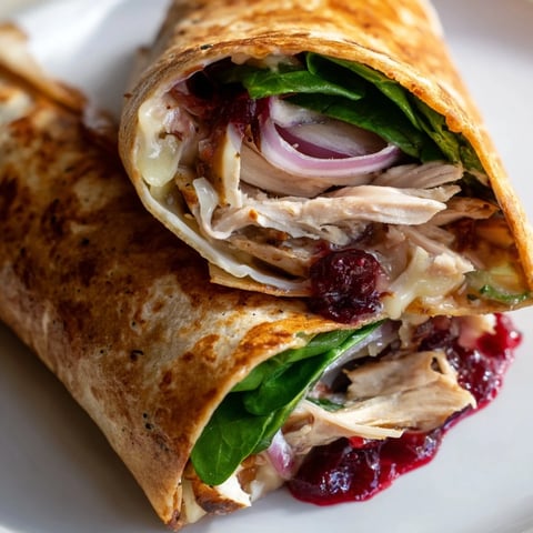 Savory Chicken and Brie Holiday Wrap, melty brie and chicken, toasted tortilla on a warm plate.