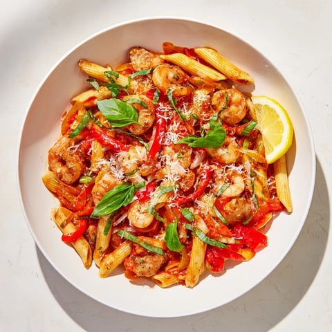 Steaming pot of One-Pot Diavola Pasta featuring shrimp, chicken, and a vibrant red sauce.
