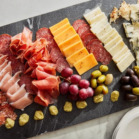 A beautifully arranged Industrial Slate appetizer, showcasing meats and cheeses on a stone slab.