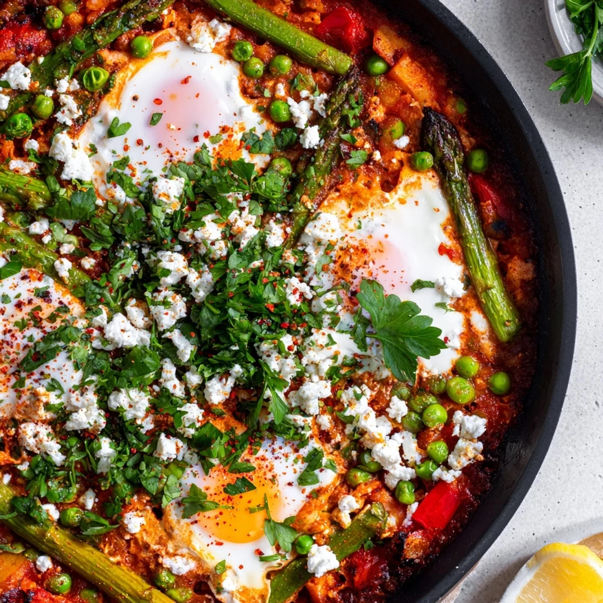 Brightly colored Pea and Broad Bean Shakshuka with runny eggs nestled in a spiced tomato sauce, topped with fresh herbs and crumbled feta.  