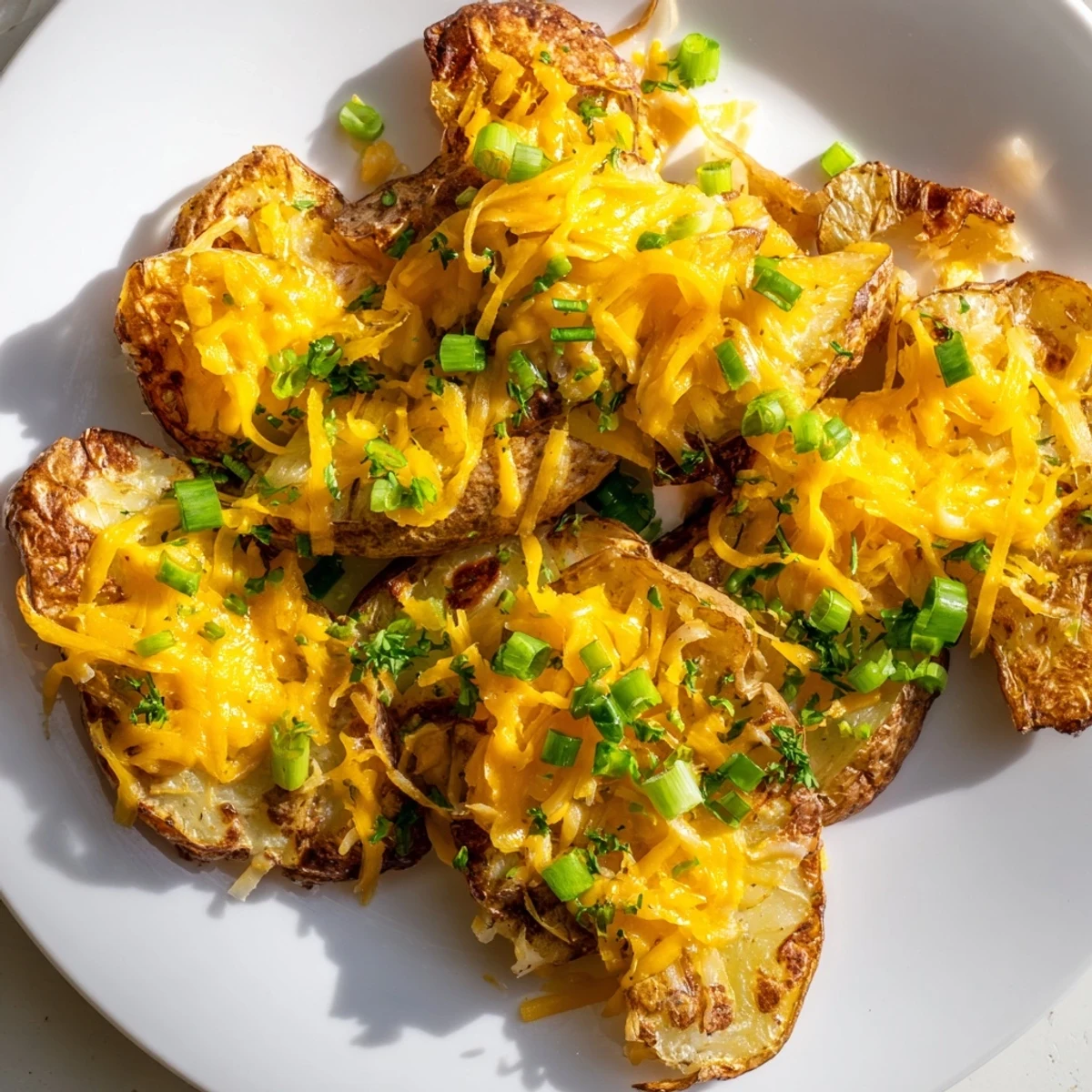 Crispy smashed green onion potato bombs topped with melted cheese and herbs.  