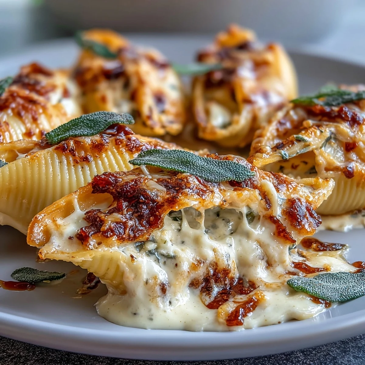 Golden, bubbly Pumpkin & Gouda Stuffed Shells in creamy brown butter sage Alfredo sauce.