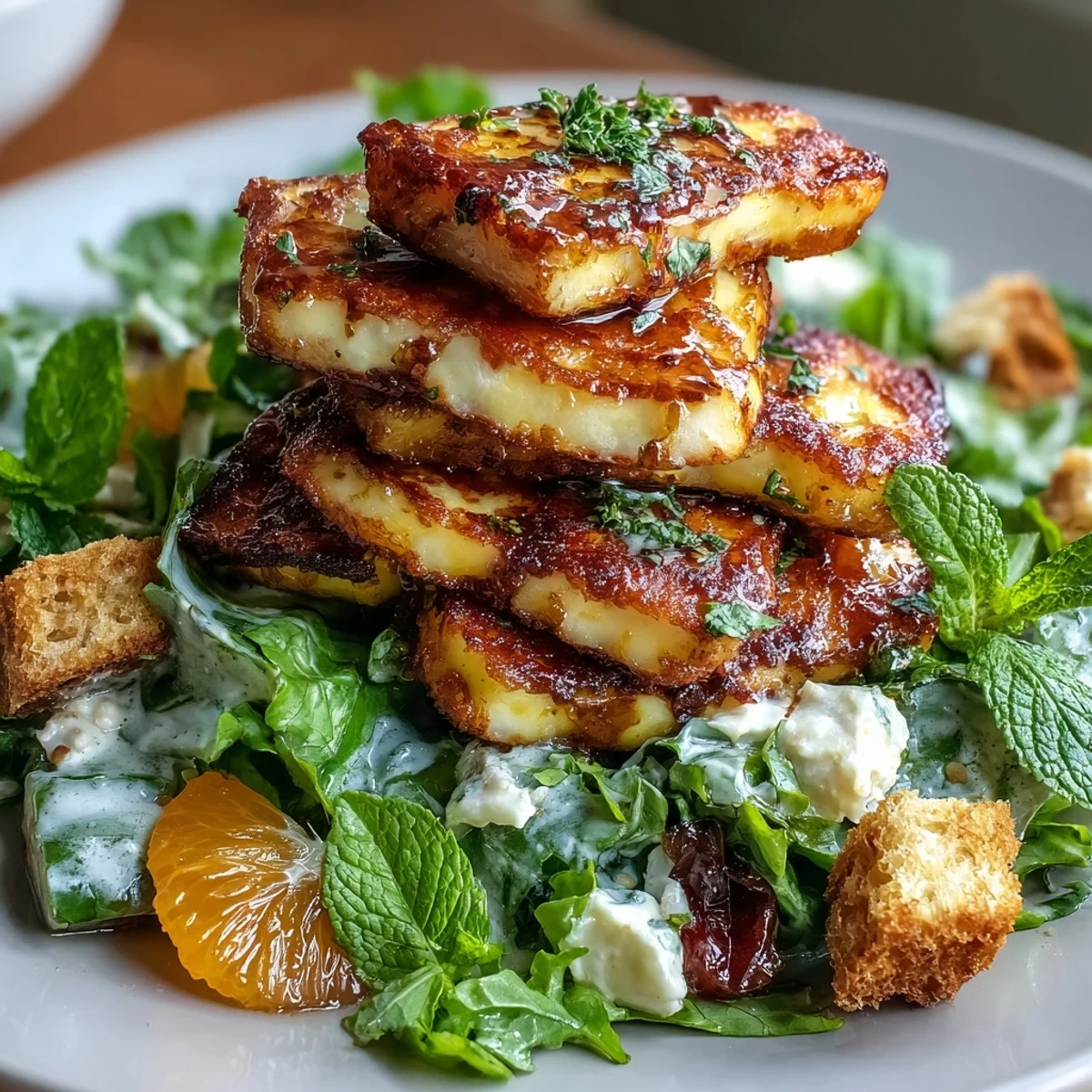 Golden-fried halloumi and blood orange segments atop a bed of mixed greens for Halloumi Blood Orange Fattoush.