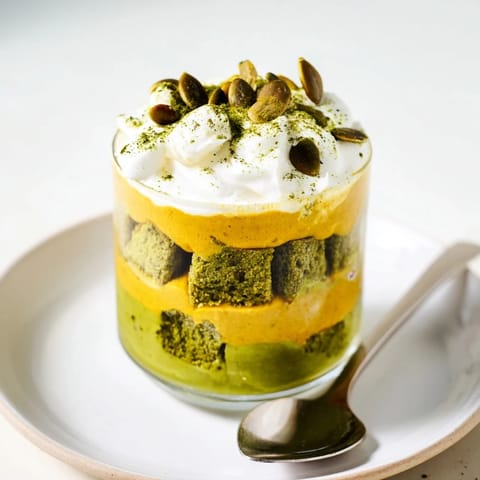 Colorful Matcha Pumpkin Muffin Trifles featuring moist muffins and spiced pumpkin cream.  