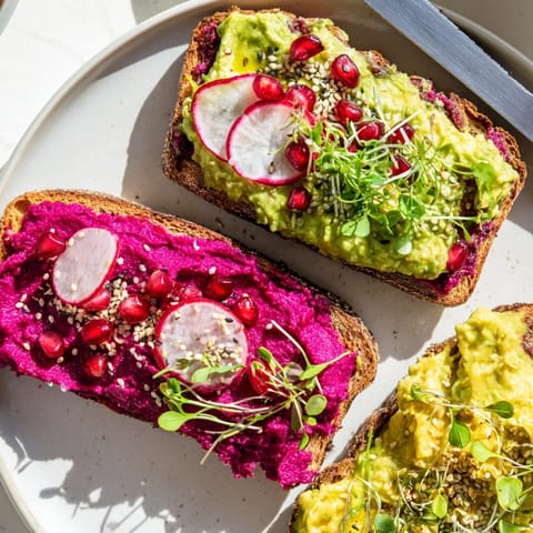 Deliciously colorful Bright & Bold Breakfast Toasts with creamy ube and fresh toppings.  