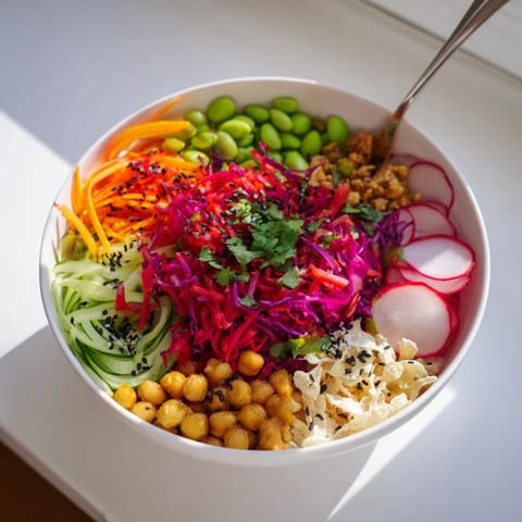Colorful ASMR Crunch Snack Bowls topped with chickpeas and pumpkin seeds for extra flavor.  