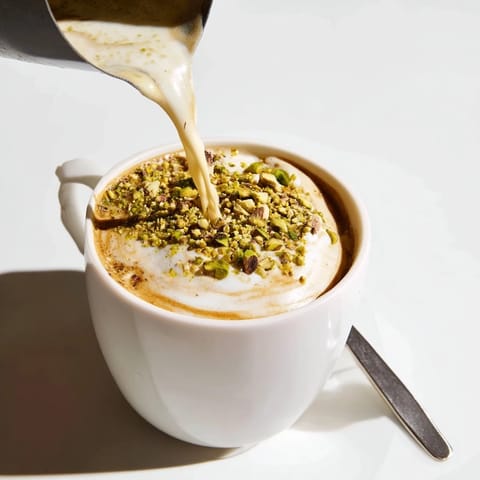 Homemade pistachio milk latte, warm and frothy, perfect for a cozy afternoon.  