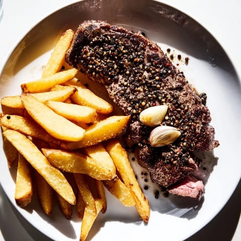 Juicy cuts of classic peppercorn ribeye, medium-rare, served with perfectly golden and crispy fries.