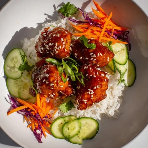 A colorful photo of a steaming Sriracha Honey Chicken Rice Bowl, served with fluffy jasmine rice, ready to eat.