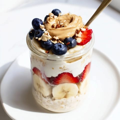 Perfectly chilled Overnight Oats Jars, bursting with fresh berries and drizzled with peanut butter deliciousness.