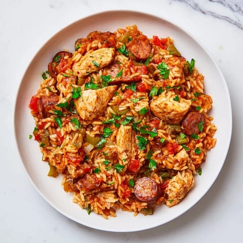 This gluten-free Simple Chicken and Sausage Jambalaya showcases a colorful blend of rice, veggies, and meat.