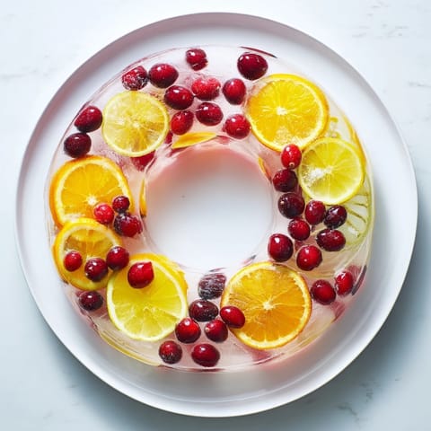 A refreshing close-up of the Quick Holiday Punch with Ice Ring, with frosty edges, perfect for parties.