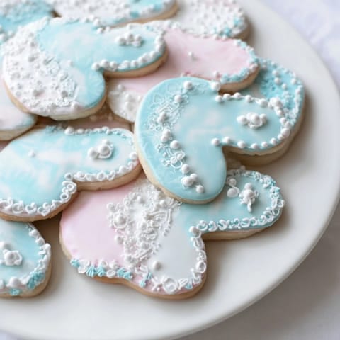 Beautifully decorated warm & toasty mitten cookies in a dazzling winter-themed dessert display.
