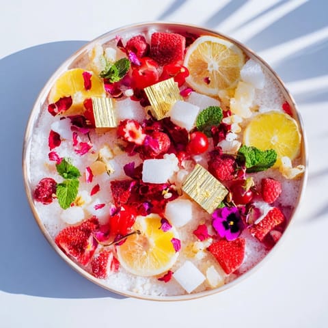 Festive Champagne Bar Garnishes featuring fresh fruits, herbs, and edible flowers arranged beautifully.