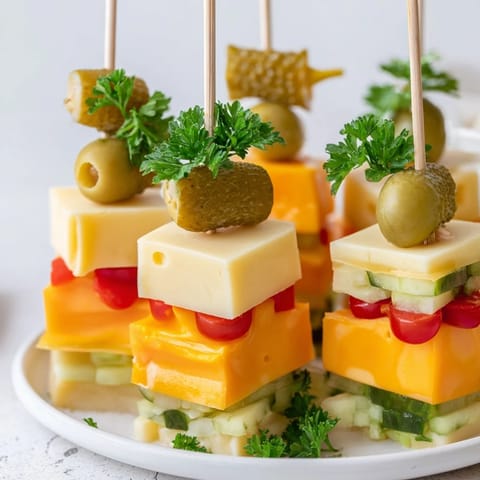 A close-up of a delicious Festive Cube Cheese Stack, stacked high with colorful cheese and savory olives.