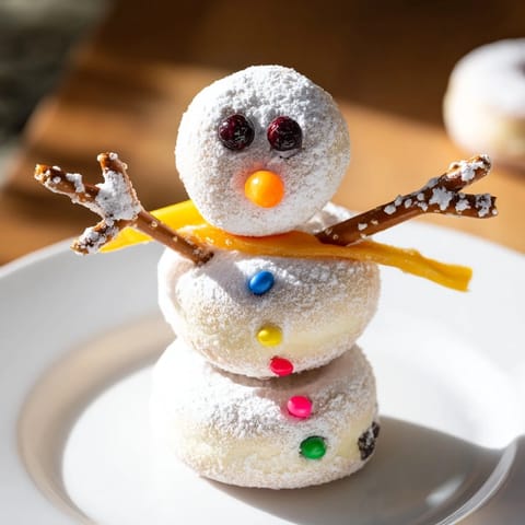 A close-up of finished mini donut snowmen, a festive and sweet holiday treat on skewers.