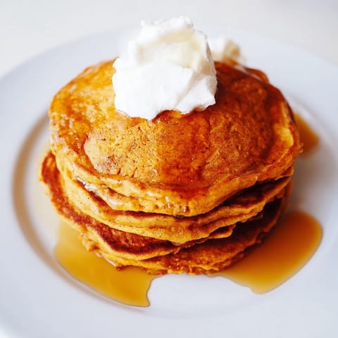 A warm stack of fluffy pumpkin spice pancakes, fragrant with cinnamon, perfect for a fall breakfast.