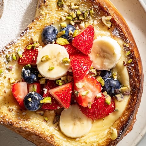 Sizzling baked Viral Yogurt Toast, showcasing a delicious yogurt custard topped with fresh berries, ready to serve.