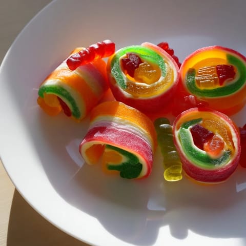 Folded Rainbow Candy Roll Ups display fun, chewy textures with gummy candies peeking from the center.