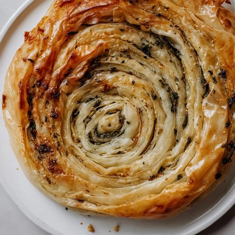 A close-up shot of hot, flaky Bosnian Burek, its delicious filling spilling out enticingly.