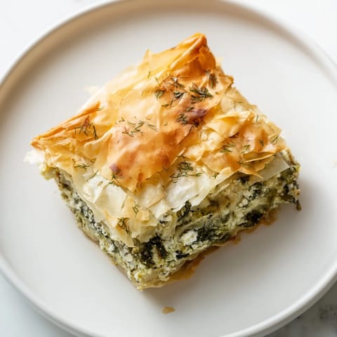 Crispy layers of phyllo surround the delicious spinach and feta filling of this Greek spanakopita.