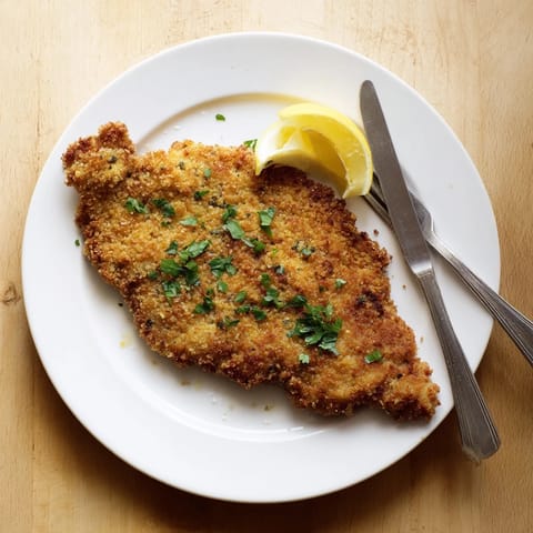 Golden brown Crispy Parmesan Chicken Cutlet garnished with fresh parsley and served with lemon wedges on a rustic plate.
