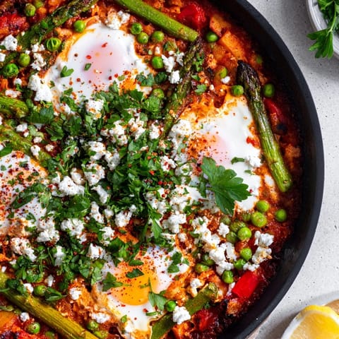 Brightly colored Pea and Broad Bean Shakshuka with runny eggs nestled in a spiced tomato sauce, topped with fresh herbs and crumbled feta.  