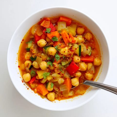 Spicy Chickpea Stew simmering in a pot with diced tomatoes and warming spices.