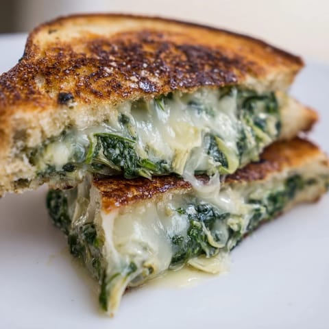 A close-up of a warm Artichoke Spinach Grilled Cheese, the gooey filling spilling from the sides.  