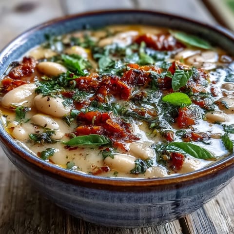 White bean soup with tomato ladled into a bowl, garnished with fresh parsley.
