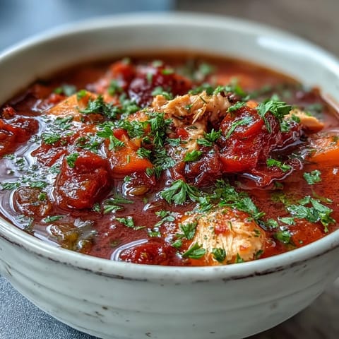 Close-up of Tuna and Tomato Soup garnished with fresh parsley in a rustic white bowl, with crusty bread on the side.