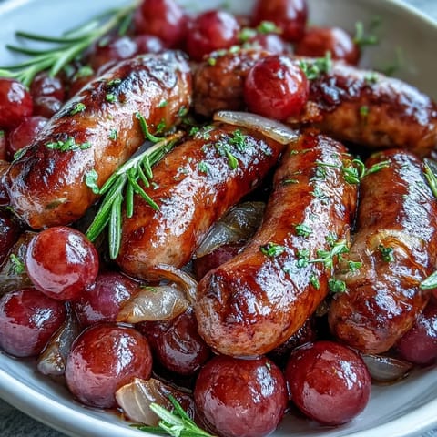 A close-up of juicy roasted sausage and grapes sizzling with olive oil and herbs, ready to serve over creamy polenta.  