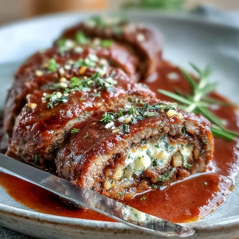 A close-up view of Sicilian-Style Braciole, revealing a tender beef roll filled with pecorino, raisins, and pine nuts.