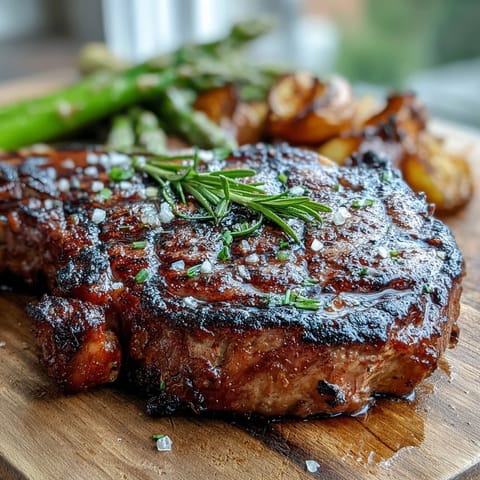Golden grilled bone-in rib eye steak resting on a platter, next to tender asparagus and lemon wedges for a bright finish.
