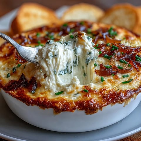Warm, bubbly Smoked Gouda & Onion Dip with golden crust and fresh chives, served with chips.