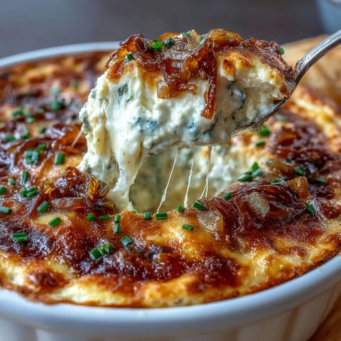 Bubbling Smoked Gouda & Onion Dip fresh from the oven, paired with crisp tortilla chips and veggies.