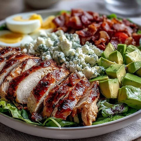 Cobb Salad Bowl with grilled chicken, crispy bacon, and creamy avocado, topped with blue cheese crumbles and hard-boiled eggs.