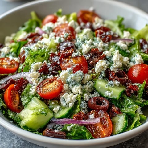 A vibrant Mediterranean Green Salad Bowl brims with crisp greens, cherry tomatoes, and cucumber, topped with creamy feta and Kalamata olives.