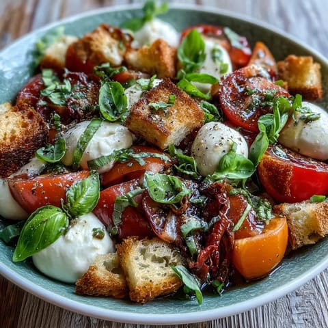 Fresh mozzarella balls and sliced tomatoes in a Caprese Salad Bowl, topped with fragrant basil and crispy bread chunks.