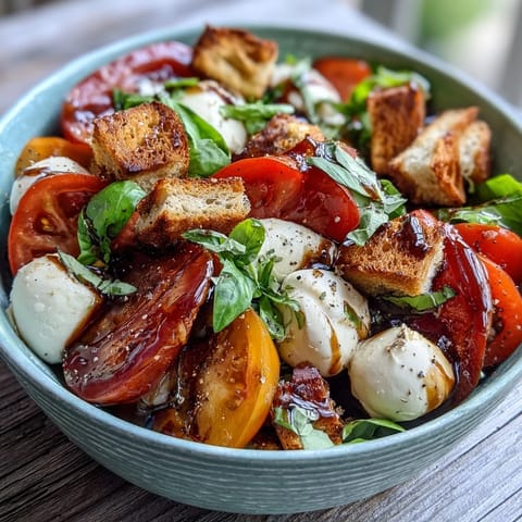 A rustic Caprese Salad Bowl with heirloom tomatoes, creamy mozzarella, basil leaves, and toasted ciabatta drizzled with balsamic.