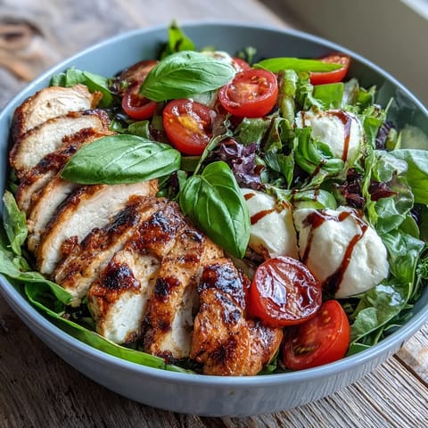 A fresh Caprese Chicken Bowl with tender chicken, mozzarella, tomatoes, and basil over salad greens, ready to serve.