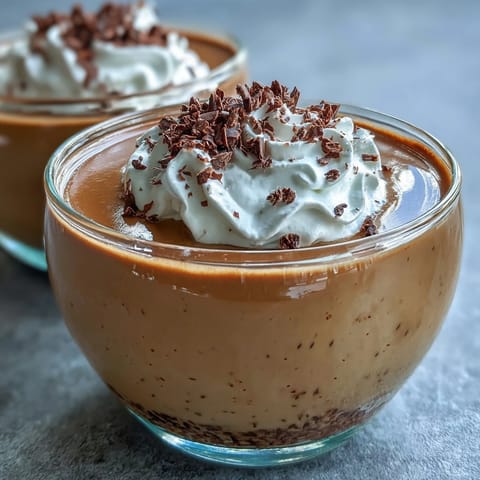 A chilled Hojicha Pudding topped with a dollop of whipped cream and roasted green tea leaves.