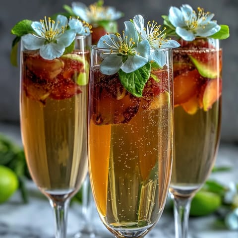 Elderflower Guava Mimosa garnished with edible flowers and guava slices, sparkling in a champagne flute.