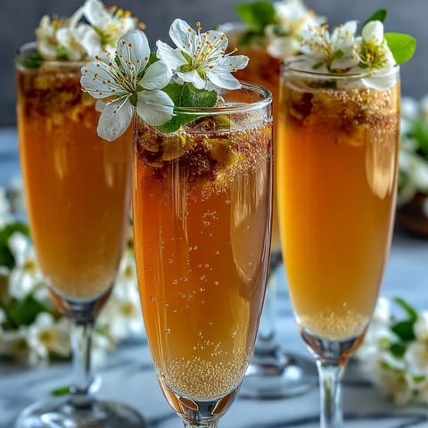 Elderflower Guava Mimosa poured into flutes, blending tropical guava nectar with crisp champagne.