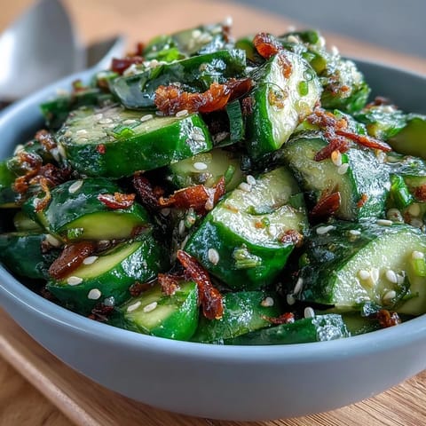 Refreshing smashed cucumber salad with garlic chili oil, topped with sesame seeds and fresh scallions for a zesty crunch.  