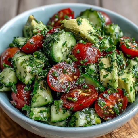 Fresh cucumber tomato avocado salad with lemon dressing, a colorful mix of crisp veggies and creamy avocado in a zesty citrus vinaigrette.